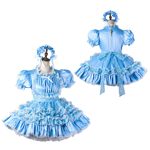 fondcosplay Lockable Satin Light Blue Sissy Maid Crossdressing Dress with Lace and Headpiece [G2206]
