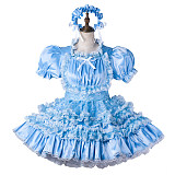 fondcosplay Lockable Satin Light Blue Sissy Maid Crossdressing Dress with Lace and Headpiece [G2206]