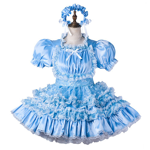 fondcosplay Lockable Satin Light Blue Sissy Maid Crossdressing Dress with Lace and Headpiece [G2206]