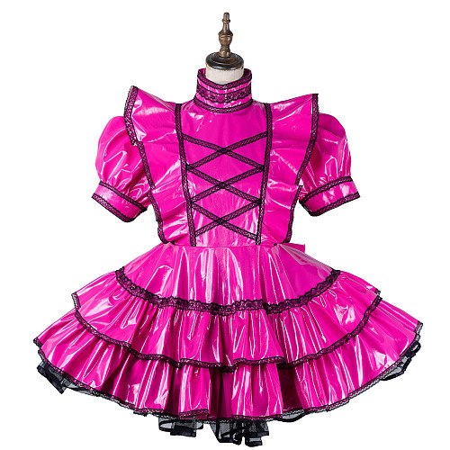 Fondcosplay Lockable Hot Pink Thin PVC Sissy Maid Crossdressing Dress with Black Lace Trim [G2166]