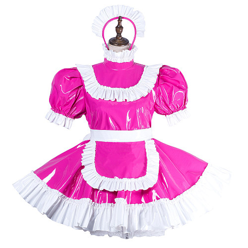 fondcosplay Lockable Thin PVC Pink and White Sissy Maid Crossdressing Dress with Apron [G2185]