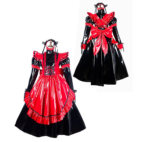 Fondcosplay Red & Black Thin PVC Lockable Gothic Sissy Maid Long Dress [G2176]