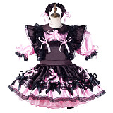 fondcosplay Lockable Satin Pink and Black Sissy Maid Crossdressing Dress with Lace and Headpiece [G2192]
