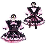 fondcosplay Lockable Satin Pink and Black Sissy Maid Crossdressing Dress with Lace and Headpiece [G2192]
