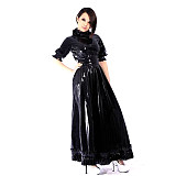 fondcosplay Lockable Thin PVC Black Sissy Maid Crossdressing Long Dress with Ruffles [G2184]