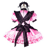 fondcosplay Lockable Satin Pink and Black Sissy Maid Crossdressing Dress with Apron and Headpiece [G2195]