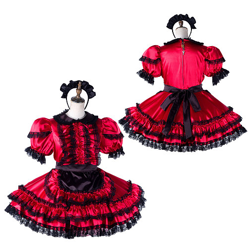 fondcosplay Lockable Satin Red and Black Sissy Maid Crossdressing Dress with Lace and Headpiece [G2200]