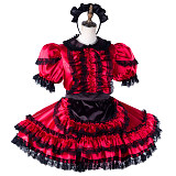 fondcosplay Lockable Satin Red and Black Sissy Maid Crossdressing Dress with Lace and Headpiece [G2200]
