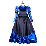 Fondcosplay Lockable Blue Satin Long Sissy Maid Crossdressing Dress with Black Apron [G2162]