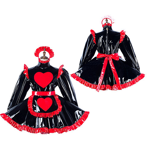 fondcosplay Lockable Heavy PVC Black and Red Heart Sissy Maid Crossdressing Dress with Apron [G2193]