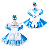 fondcosplay Lockable Satin Blue and White Sissy Maid Crossdressing Dress with Apron and Headpiece [G2202]