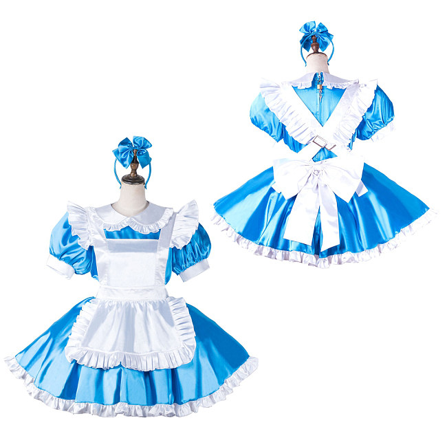 fondcosplay Lockable Satin Blue and White Sissy Maid Crossdressing Dress with Apron and Headpiece [G2202]
