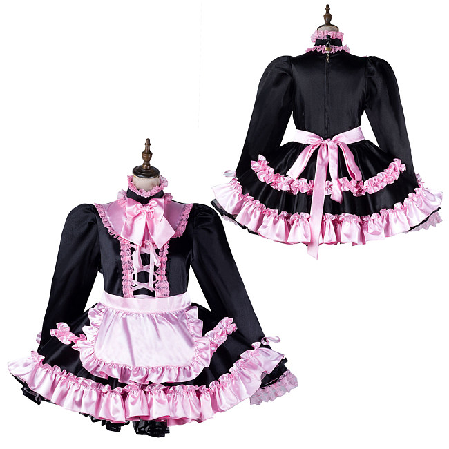 Fondcosplay Lockable Black Satin Sissy Maid Crossdressing Dress with Pink Lace and Apron [G2169]