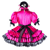 fondcosplay Lockable Satin Hot Pink and Black Sissy Maid Crossdressing Dress with Lace and Headpiece [G2201]