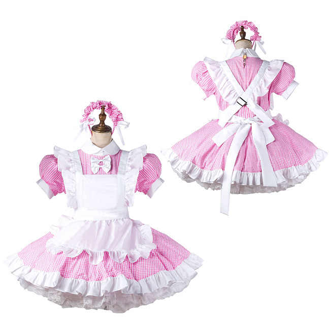 fondcosplay Lockable Cotton Pink Gingham Sissy Maid Crossdressing Dress with Apron and Headpiece [G2207]
