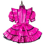 Fondcosplay Lockable Hot Pink Thin PVC Sissy Maid Crossdressing Dress with Black Lace Trim [G2166]