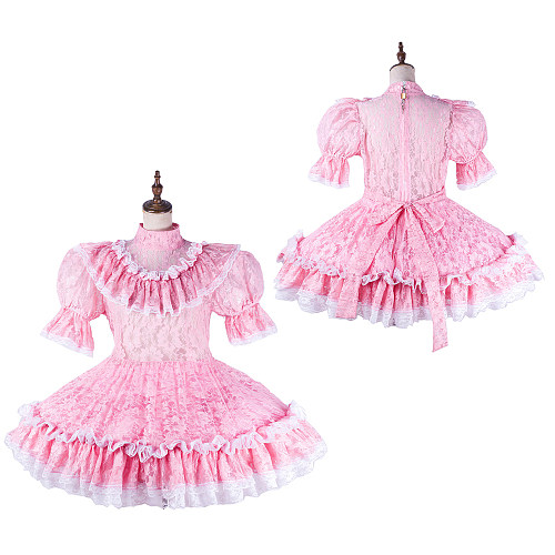 fondcosplay Lockable Lace Pink Sissy Maid Crossdressing Dress with Ruffles [G2190]