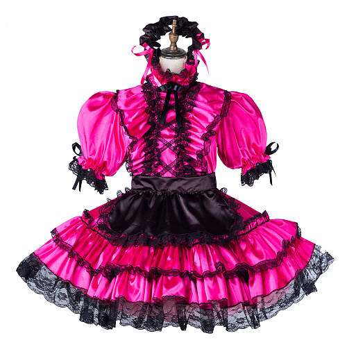 fondcosplay Lockable Satin Hot Pink and Black Sissy Maid Crossdressing Dress with Lace and Headpiece [G2201]