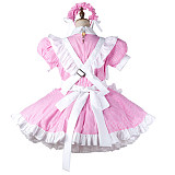 fondcosplay Lockable Cotton Pink Gingham Sissy Maid Crossdressing Dress with Apron and Headpiece [G2207]