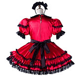 fondcosplay Lockable Satin Red and Black Sissy Maid Crossdressing Dress with Lace and Headpiece [G2200]