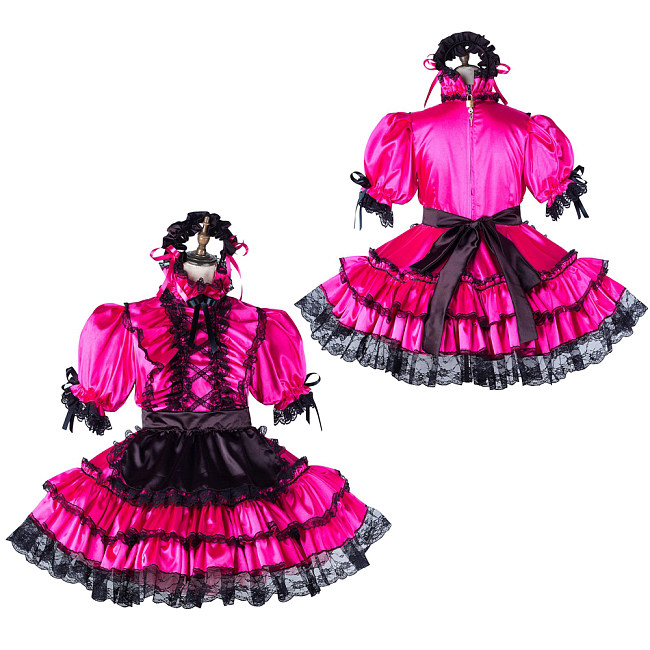 fondcosplay Lockable Satin Hot Pink and Black Sissy Maid Crossdressing Dress with Lace and Headpiece [G2201]