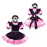 fondcosplay Lockable Satin Pink and Black Sissy Maid Crossdressing Dress with Apron and Headpiece [G2195]