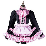 Fondcosplay Lockable Black Satin Sissy Maid Crossdressing Dress with Pink Lace and Apron [G2169]