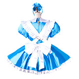 fondcosplay Lockable Satin Blue and White Sissy Maid Crossdressing Dress with Apron and Headpiece [G2202]