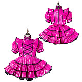 Fondcosplay Lockable Hot Pink Thin PVC Sissy Maid Crossdressing Dress with Black Lace Trim [G2166]