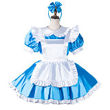 fondcosplay Lockable Satin Blue and White Sissy Maid Crossdressing Dress with Apron and Headpiece [G2202]