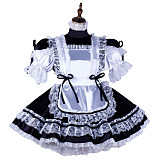 Fondcosplay Lockable Black Satin Sissy Maid Crossdressing Dress with White Lace Apron [G2165]