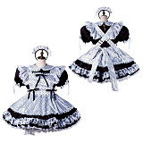 fondcosplay Lockable Satin Polka Dot Black and White Sissy Maid Crossdressing Dress with Apron and Headpiece [G2204]