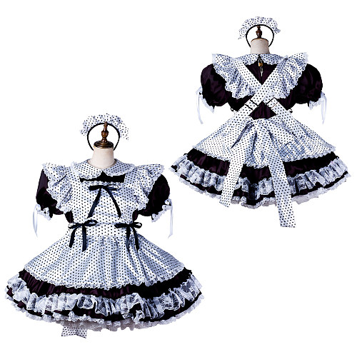 fondcosplay Lockable Satin Polka Dot Black and White Sissy Maid Crossdressing Dress with Apron and Headpiece [G2204]