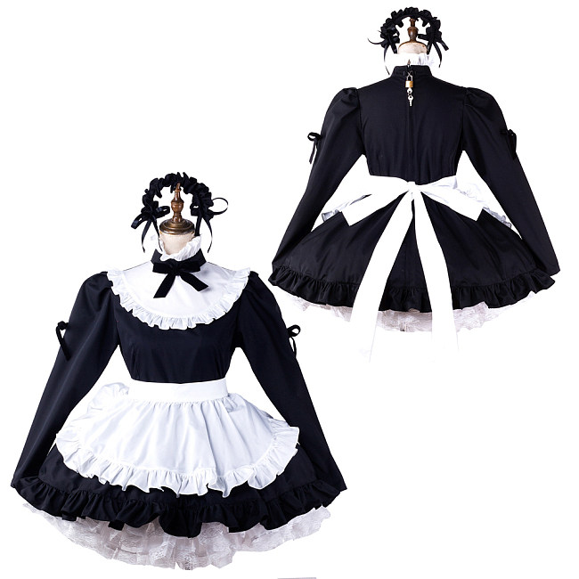 fondcosplay Lockable Cotton Black and White Classic Sissy Maid Crossdressing Dress with Apron and Headpiece [G2203]