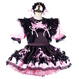 fondcosplay Lockable Satin Pink and Black Sissy Maid Crossdressing Dress with Lace and Headpiece [G2192]