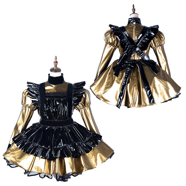 Fondcosplay Black & Gold Thin PVC Lockable Sissy Maid Dress with Apron [G2174]
