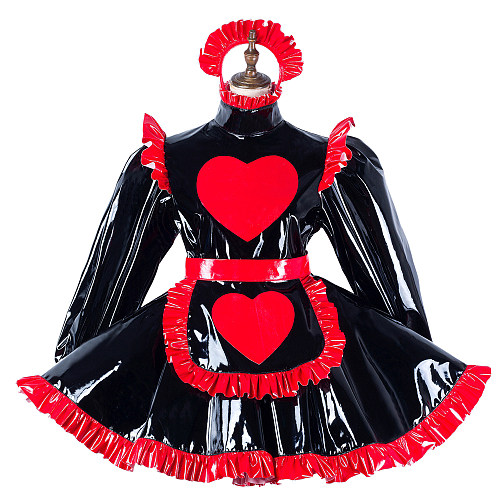 fondcosplay Lockable Heavy PVC Black and Red Heart Sissy Maid Crossdressing Dress with Apron [G2193]