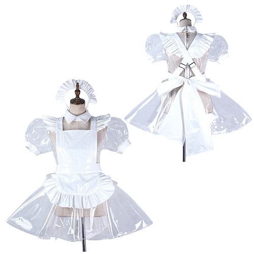 fondcosplay Lockable Clear PVC White Sissy Maid Crossdressing Dress with Apron and Headpiece [G2191]