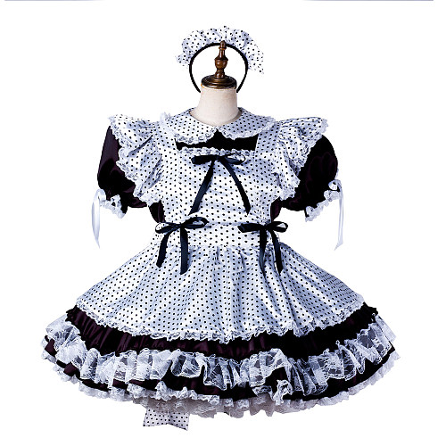 fondcosplay Lockable Satin Polka Dot Black and White Sissy Maid Crossdressing Dress with Apron and Headpiece [G2204]