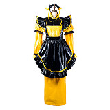 fondcosplay Lockable Thin PVC Yellow and Black Sissy Maid Crossdressing Long Dress with Apron and Headpiece [G2199]