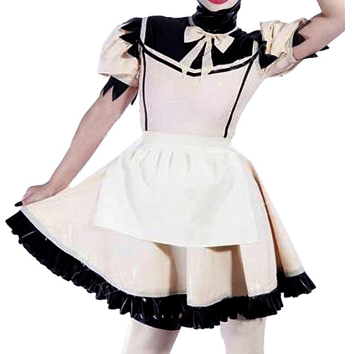 fondcosplay Lockable Heavy PVC White and Black Sissy Maid Crossdressing Dress with Apron [G2187]