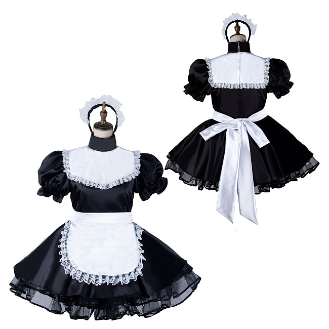 Fondcosplay Black & White Satin Lockable Sissy Maid Dress with Apron [G2173]