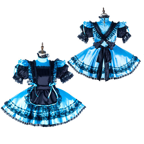fondcosplay Lockable Satin Sissy Maid Crossdressing Dress with Lace and Apron [G2181]
