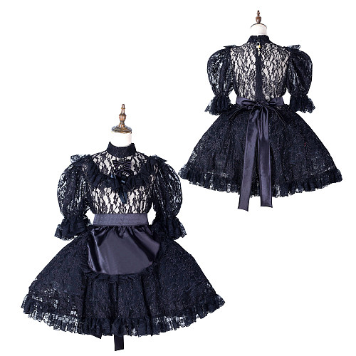 Fondcosplay Lockable Black Lace Sissy Maid Crossdressing Dress with Satin Apron [G2163]