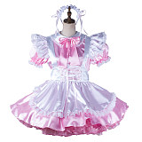 fondcosplay Lockable Satin Pink and White Sissy Maid Crossdressing Dress with Apron and Headpiece [G2194]