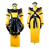 fondcosplay Lockable Thin PVC Yellow and Black Sissy Maid Crossdressing Long Dress with Apron and Headpiece [G2199]