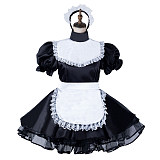 Fondcosplay Black & White Satin Lockable Sissy Maid Dress with Apron [G2173]