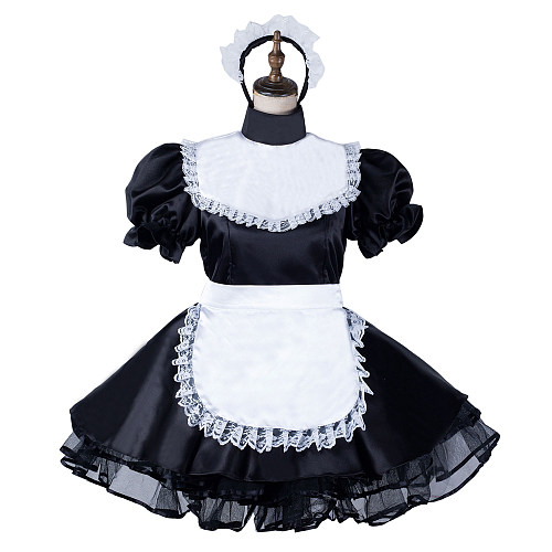 Fondcosplay Black & White Satin Lockable Sissy Maid Dress with Apron [G2173]