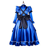 Fondcosplay Lockable Blue Satin Long Sissy Maid Crossdressing Dress with Black Apron [G2162]