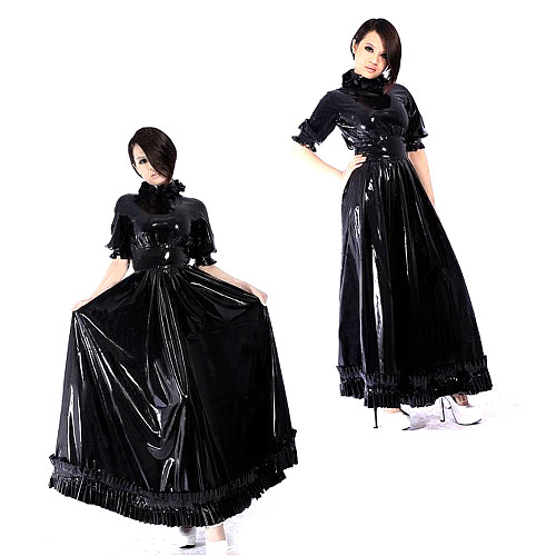 fondcosplay Lockable Thin PVC Black Sissy Maid Crossdressing Long Dress with Ruffles [G2184]